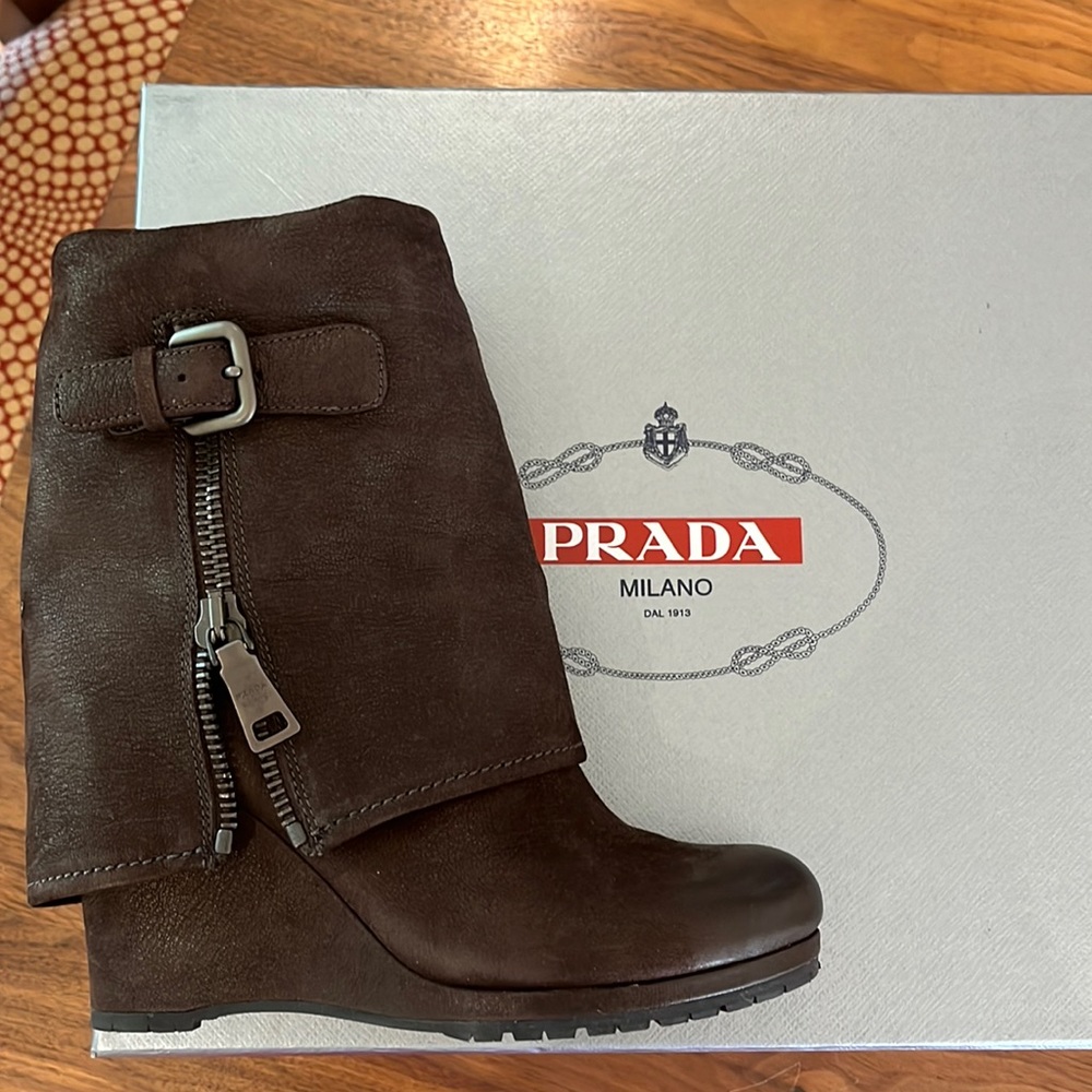 Prada leather mid calf boots wedge boots size 38.5